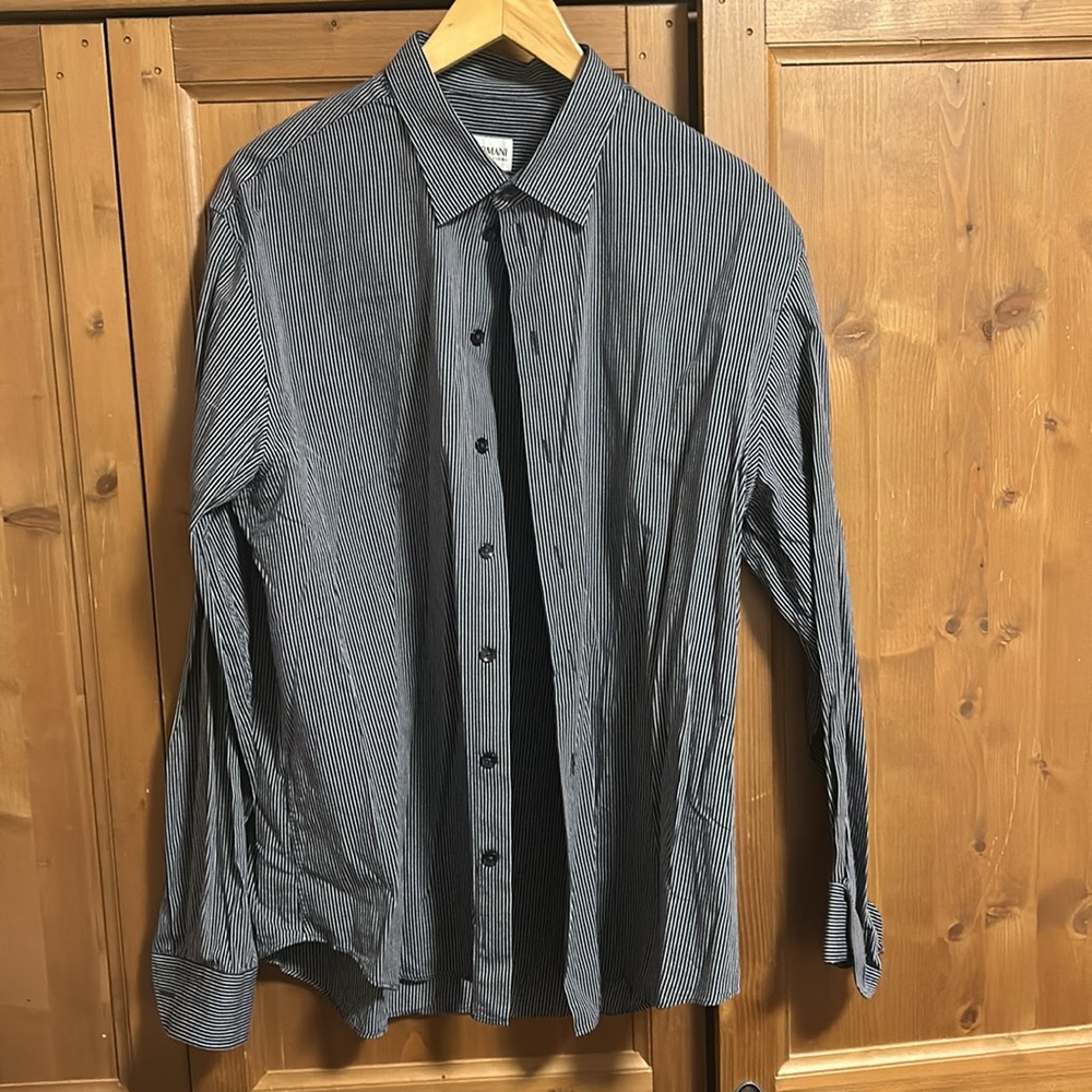 Giorgio Armani Navy and White Pinstripe Dress Shirt
